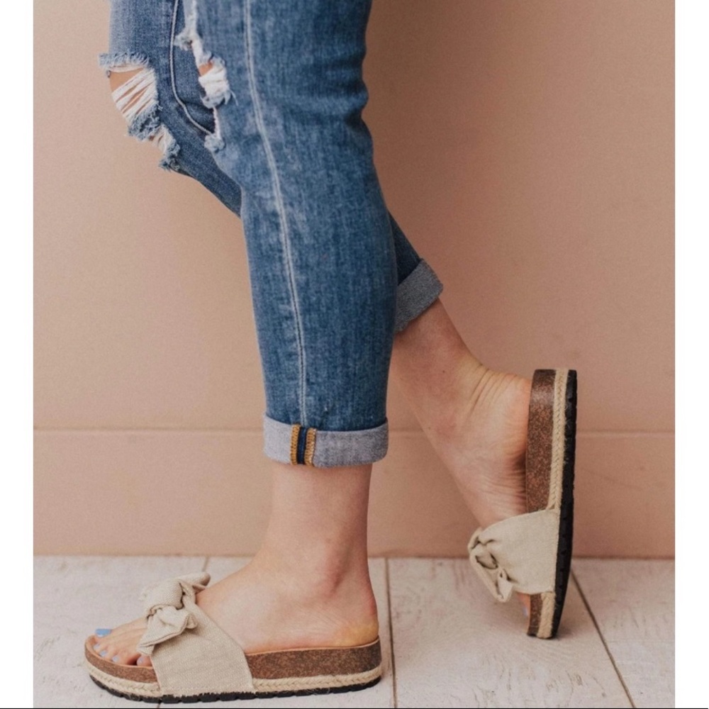 Beige Slip On Linen Fabric Bow Sandals - Picture 4 of 14